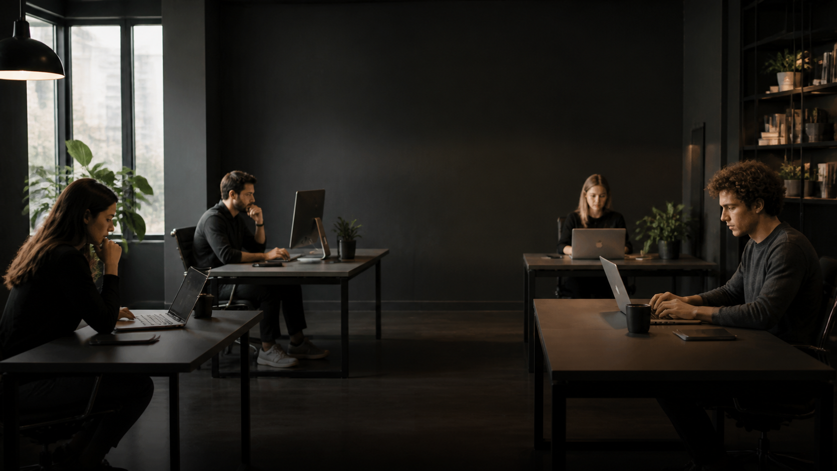 A focused technology team working in a dark modern office